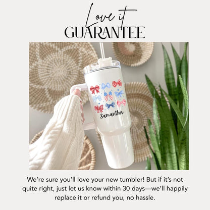 Patriotic Bows Tumbler Custom Name 40 oz Cup Gift with Handle & Straw Cute 4th of July Gift for Women, Girls, Teens Iced Coffee Travel Cup