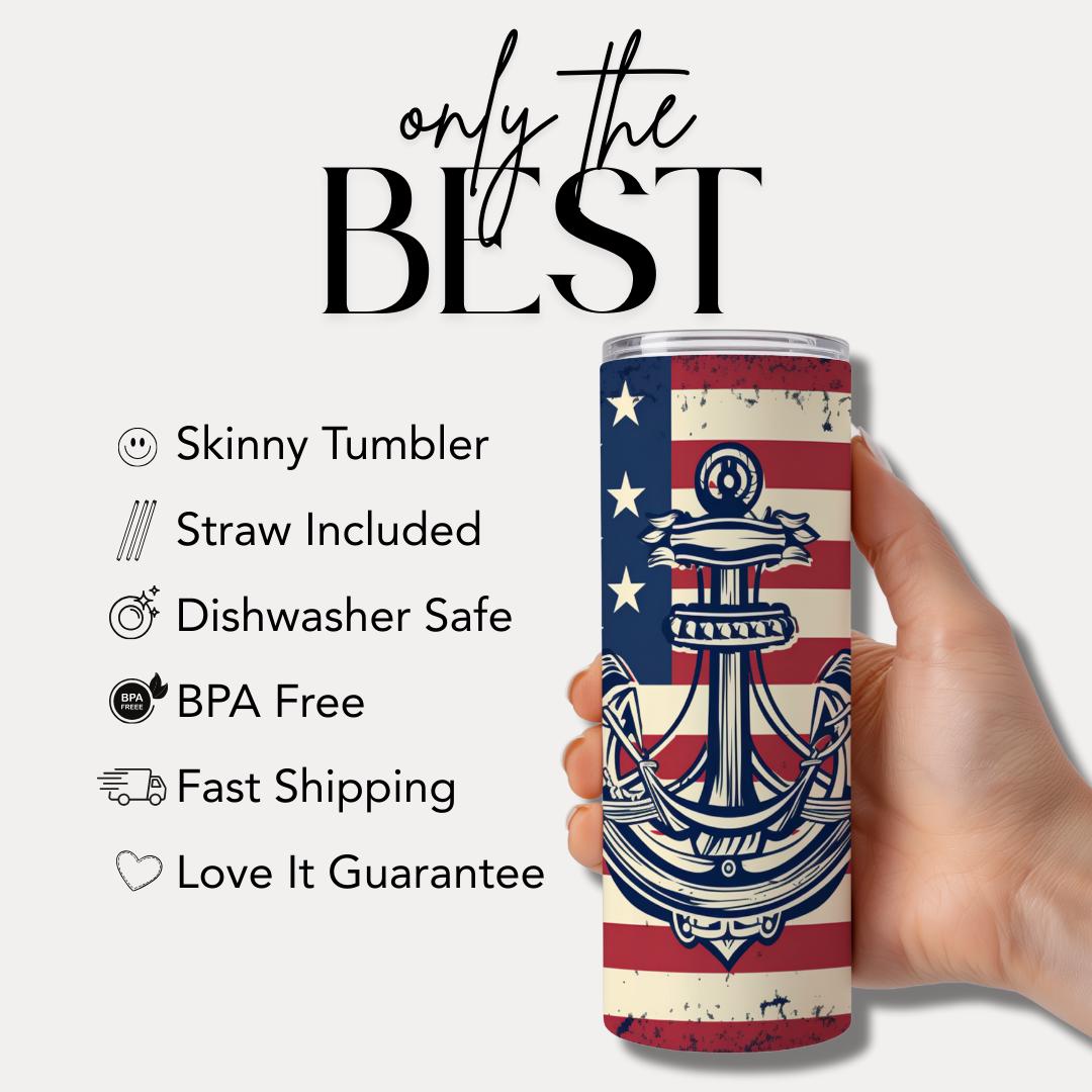 Patriotic US American Flag Tumbler 20oz Skinny Tumbler USA Eagle & Anchor Design Veteran Gift Cup Independence Day Drinkware 4th of July Cup