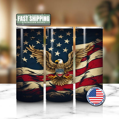Patriotic US American Flag Tumbler 20oz Skinny Tumbler USA Eagle & Anchor Design Veteran Gift Cup Independence Day Drinkware 4th of July Cup
