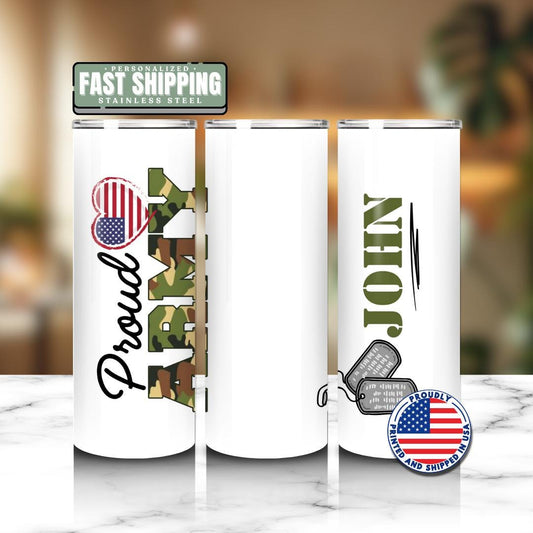 Personalized Proud Army Tumbler Custom Name Camo Cup 20oz Skinny Tumbler Travel Mug Military Gift for Him or Her Army Camo Cup for Veterans