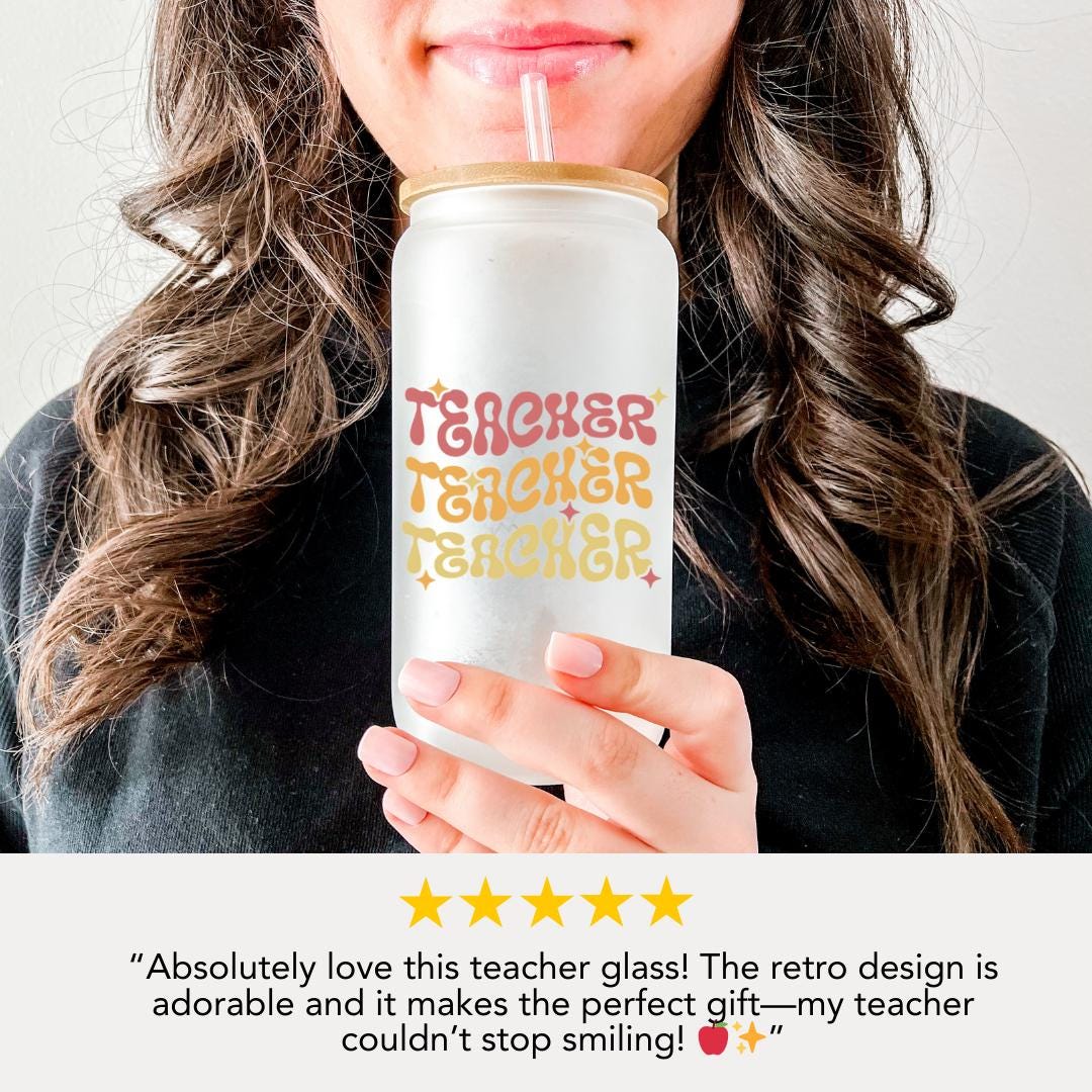 16 oz Frosted Glass Teacher with Bamboo Lid & Straw Cute Retro Teacher Gift Teacher Appreciation Gift Drinkware for Teacher Gift for Her
