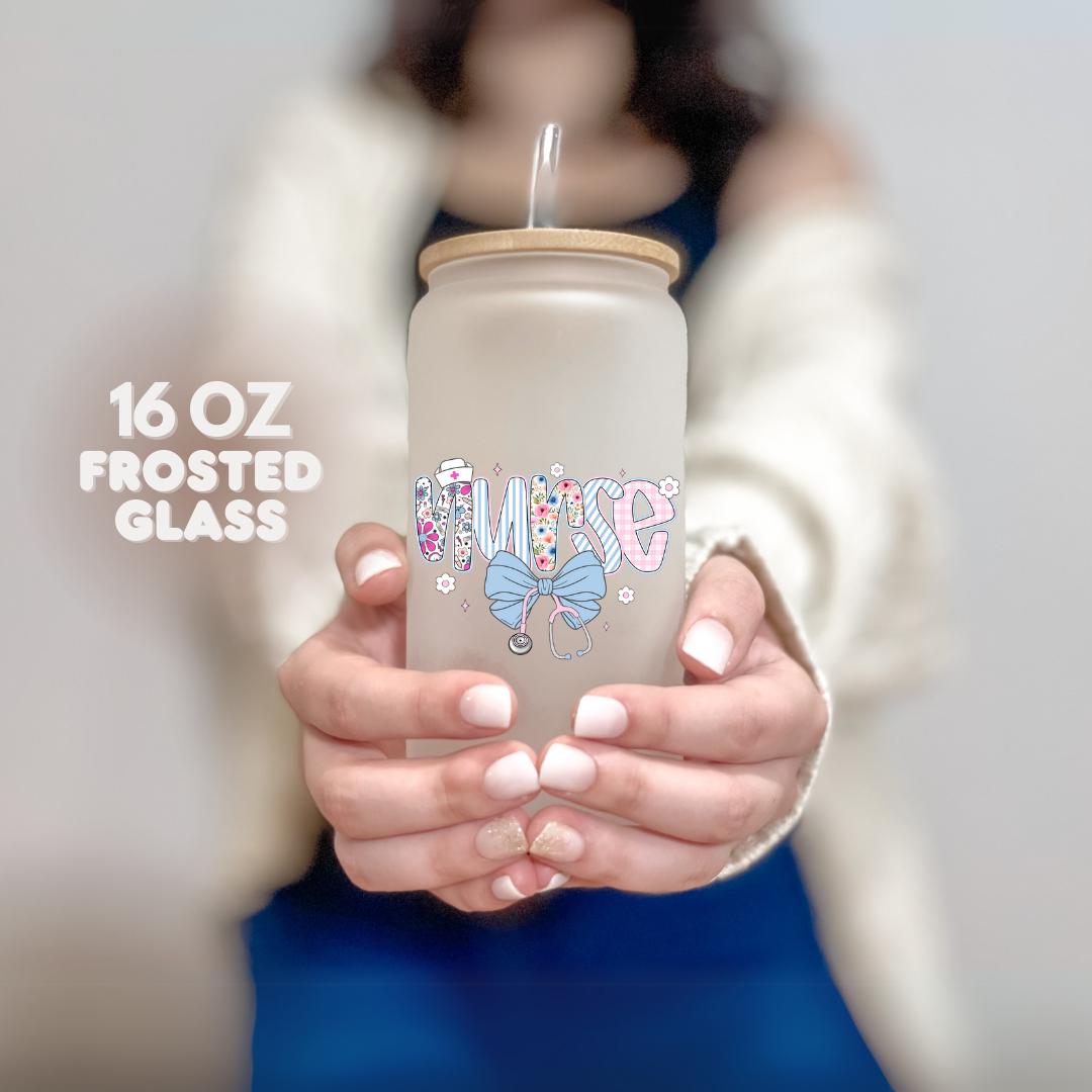 Nurse Life 16oz Frosted Glass Tumbler with Bamboo Lid & Straw Cute Medical Themed Iced Coffee Cup Aesthetic Nurse Gift Nurse Appreciation