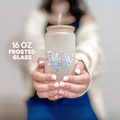Nurse Life 16oz Frosted Glass Tumbler with Bamboo Lid & Straw Cute Medical Themed Iced Coffee Cup Aesthetic Nurse Gift Nurse Appreciation
