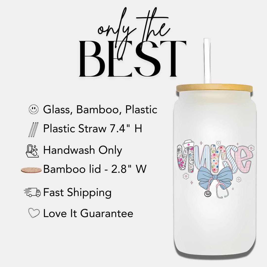 Nurse Life 16oz Frosted Glass Tumbler with Bamboo Lid & Straw Cute Medical Themed Iced Coffee Cup Aesthetic Nurse Gift Nurse Appreciation