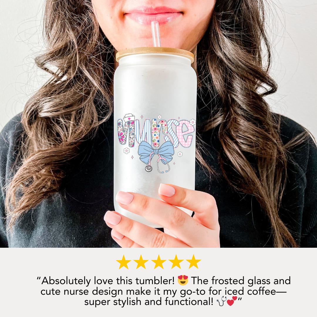 Nurse Life 16oz Frosted Glass Tumbler with Bamboo Lid & Straw Cute Medical Themed Iced Coffee Cup Aesthetic Nurse Gift Nurse Appreciation