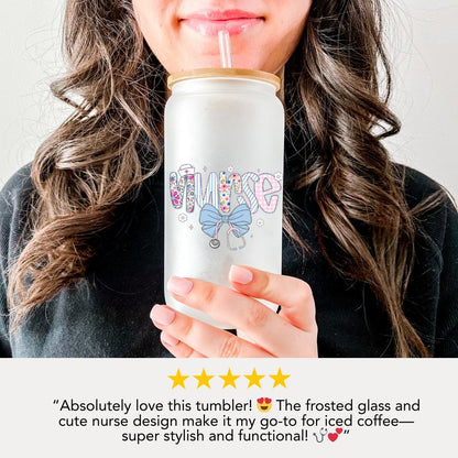 Nurse Life 16oz Frosted Glass Tumbler with Bamboo Lid & Straw Cute Medical Themed Iced Coffee Cup Aesthetic Nurse Gift Nurse Appreciation