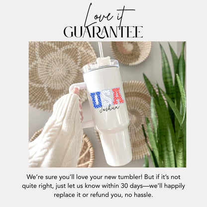 USA Name Personalized Tumbler 40oz USA Travel Mug with Handle & Straw Patriotic Gift for Him or Her Fourth of July Travel Coffee Tumbler