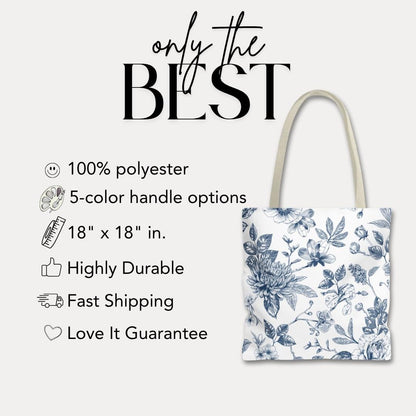 Elegant Blue Floral Tote Bag 18x"18" Stylish Eco-Friendly Shoulder Bag Unique Gift for Women Bridesmaid Bag Lightweight Travel Tote Bag