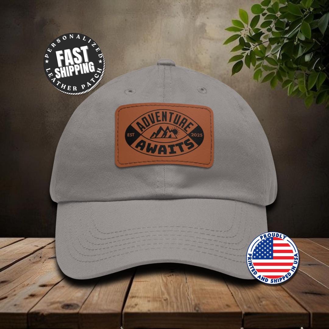 Personalized Adventure Awaits Leather Patch Hat Custom Mountain Hiking Hat Unisex Camping Gift Outdoor Travel Gear Outdoor Cap Gift for Him