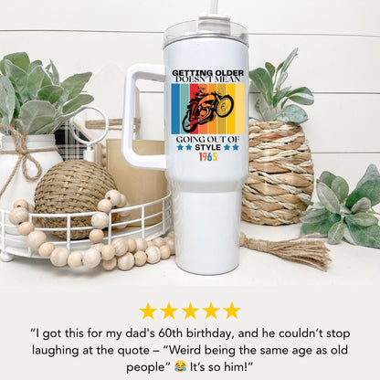 Personalized Vintage Motorcycle 40oz Tumbler with Handle & Straw Custom Retro Biker Mug Birthday Gift for Husband, Dad, Grandpa, Biker Lover