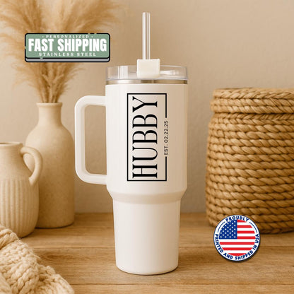 Personalized Hubby 40oz Tumbler with Handle & Straw Custom Groom Engagement Gift Bridal Shower Present Black Modern Tumbler for Newlywed Men