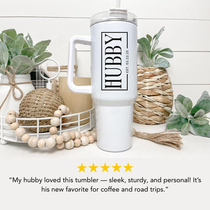Personalized Hubby 40oz Tumbler with Handle & Straw Custom Groom Engagement Gift Bridal Shower Present Black Modern Tumbler for Newlywed Men