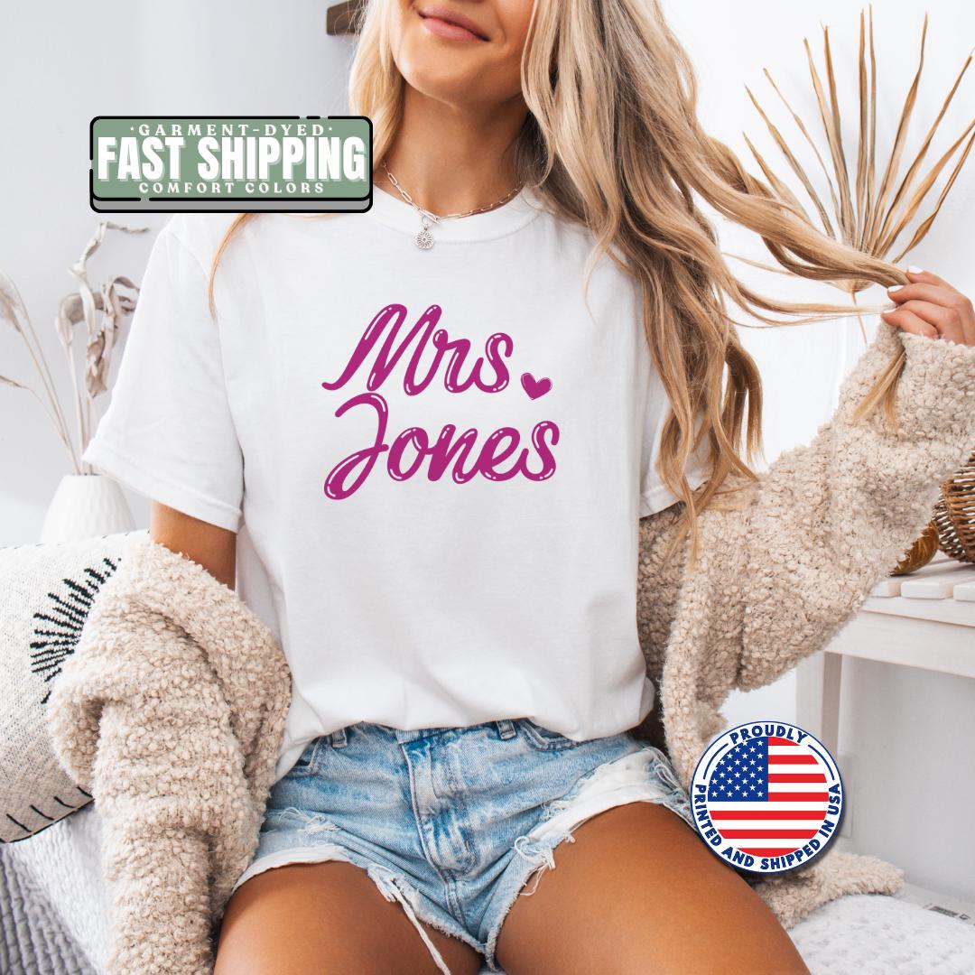 Personalized Bride T-Shirt with Name Wedding Gift Tee Engagement Gift for Her Honeymoon Shirt Mrs Shirt Bride to Be Shirt Bridal Shower Gift