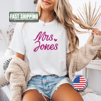 Personalized Bride T-Shirt with Name Wedding Gift Tee Engagement Gift for Her Honeymoon Shirt Mrs Shirt Bride to Be Shirt Bridal Shower Gift