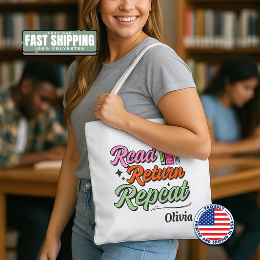 Personalized Read Return Repeat Tote Bag Custom Library Book Bag with Name Cute Literary Gift for Her, Teachers, Student Bookish Tote Bag