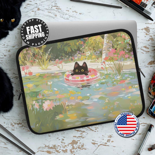 Cute Black Cat Laptop Sleeve Whimsical Art Laptop Case for Bookworms Artists & Cat Lovers Back to School Gift for Cat Lovers