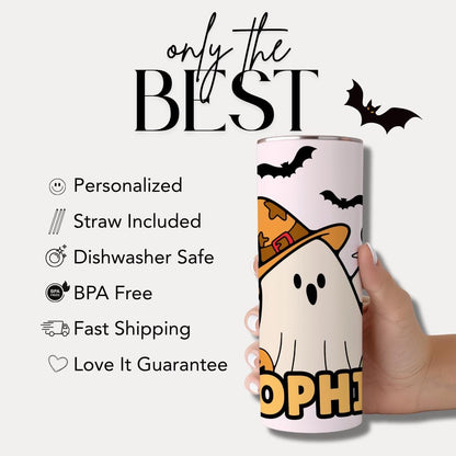 Personalized Halloween Kids Tumbler 20 oz Skinny Tumbler for Kids with Name Fall Trick-or-Treat Gift Idea Custom Name Gift for Halloween