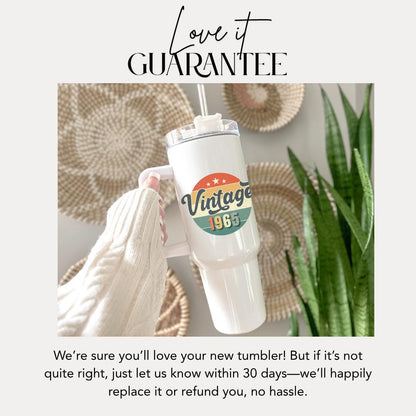 Personalized Vintage Year 40oz Tumbler with Handle & Straw Custom Travel Mug Funny Birthday Gift for Him, Dad, Grandpa Retro Year Design