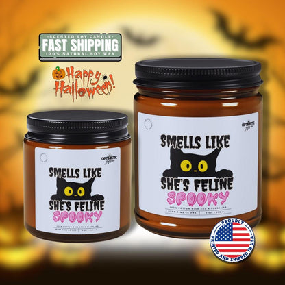 Smells Like She's Feline Spooky Soy Scented Candle Halloween Decor Home Gift Witchy Black Cat Cute Fall Decor Gift for Halloween Cat Lovers