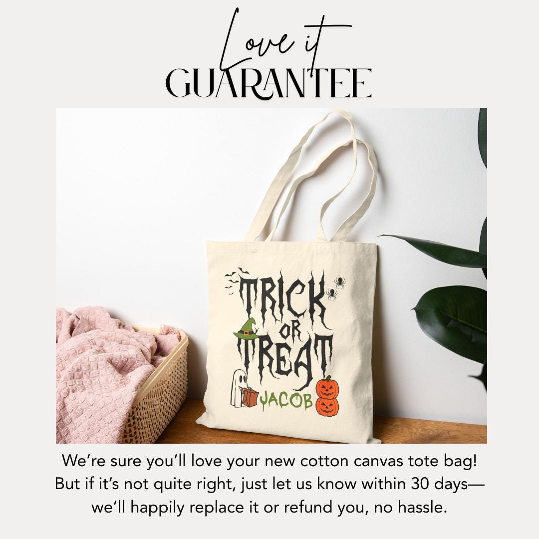 Personalized Trick or Treat Halloween Cotton Canvas Tote Bag for Kids Custom Name Candy Bag Cute Spooky Ghost Design Bag for Halloween Fun