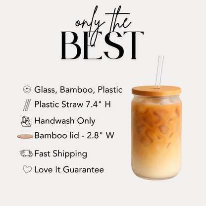 Coffee Lover 16oz Frosted Glass Cup with Bamboo Lid & Straw Cute Aesthetic Iced Coffee Glass Mug Gift Barista Gift for Coffee Addict Cup