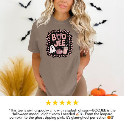 Boo Jee Halloween T-Shirt Comfort Colors Cute Ghost Pumpkin Graphic Tee Fall Spooky Season Boo Jee Spooky Boujee Shirt Gift for Halloween