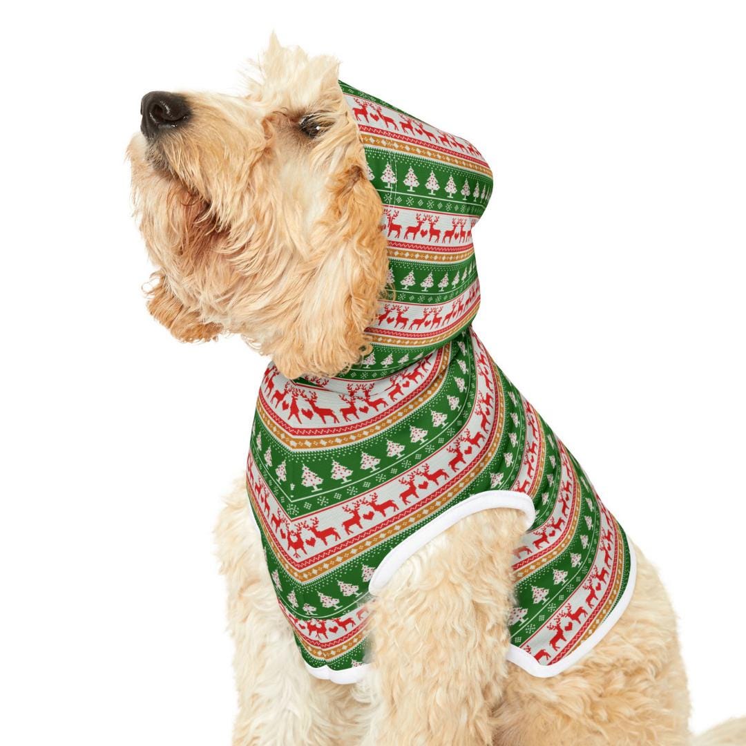 Christmas Red & Green Pattern Dog Hoodie  Ugly Xmas Sweater Style Pet Outfit for Holidays