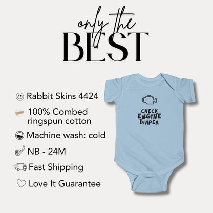 Funny Infant Fine Jersey Bodysuit Check Engine Diaper Adorable Infant Shirt for New Parents Baby Shower Gift for Car Lovers Cute Infant Wear
