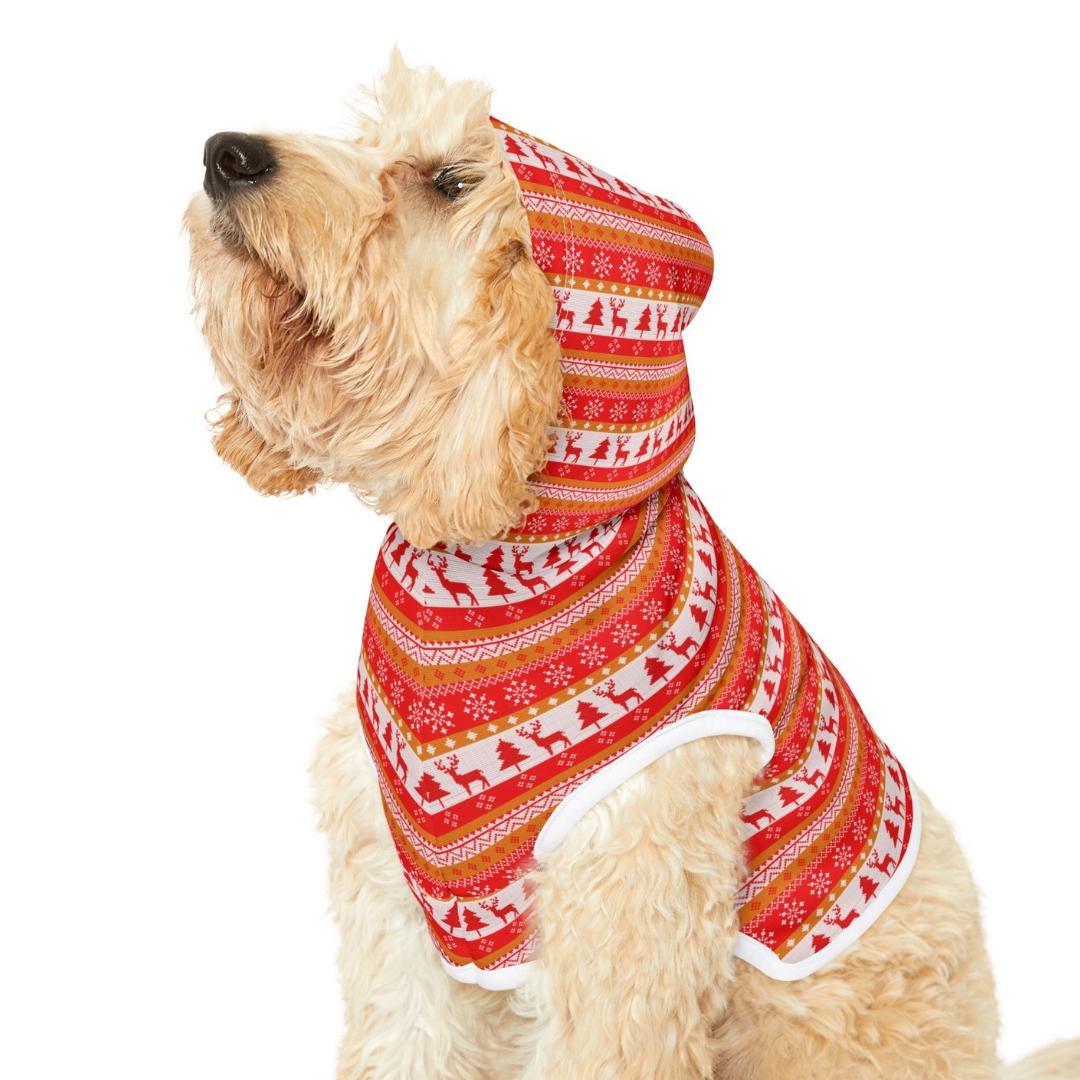 Festive Red Pattern Christmas Dog Hoodie  Ugly Xmas Sweater Style Pet Hoodie for Winter