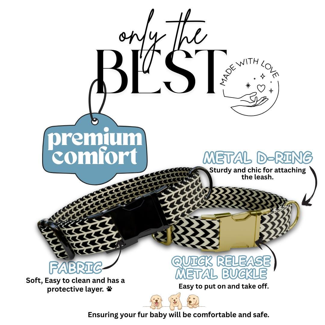 Black and Cream Chic Personalized Dog Collar Modern Chevron Plaids, Custom Name & Number (OG-358)