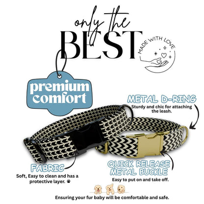Black and Cream Chic Personalized Dog Collar Modern Chevron Plaids, Custom Name & Number (OG-358)