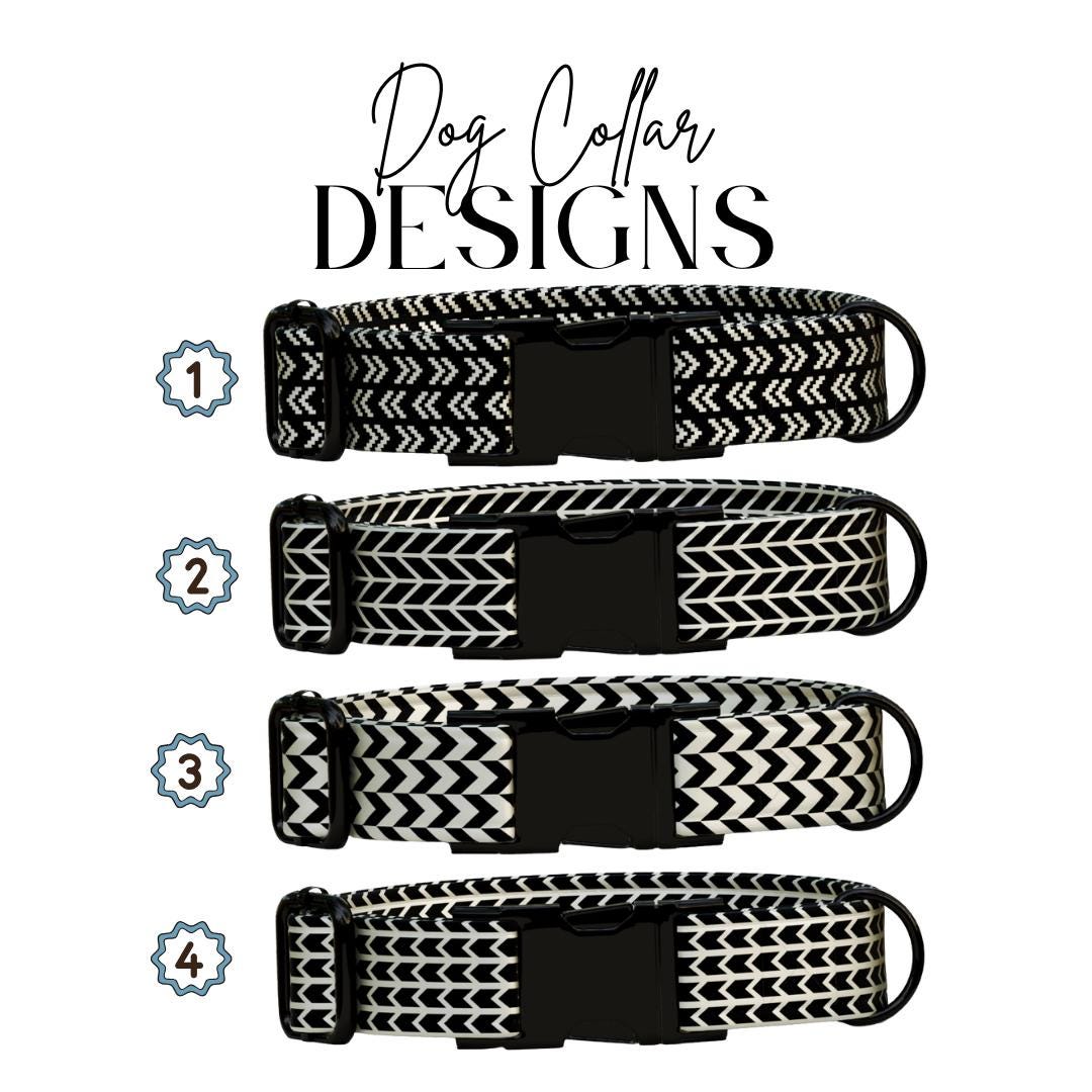Black and Cream Chic Personalized Dog Collar Modern Chevron Plaids, Custom Name & Number (OG-358)