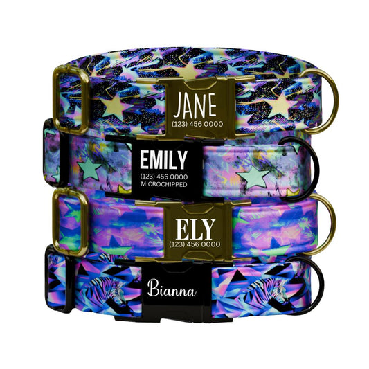 Cosmic Stars Personalized Dog Collar  Galaxy-Inspired Neon Design Custom Name with Metal Buckle (OG-368)