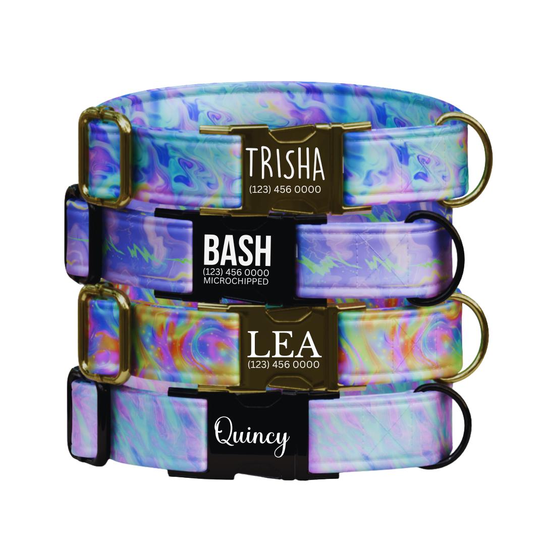 Personalized Iridescent Galaxy Dog Collar  Pastel Marble Swirl Custom Name Stylish Metal Buckle (OG-371)