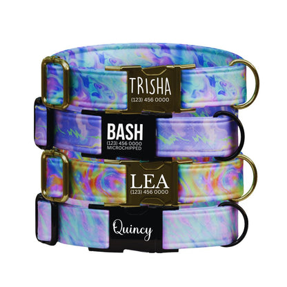 Personalized Iridescent Galaxy Dog Collar  Pastel Marble Swirl Custom Name Stylish Metal Buckle (OG-371)