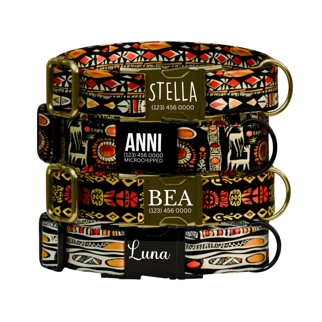 Personalized Tribal Boho Dog Collar  African-Inspired Geometric Print Custom Name Metal Buckle (OG-372)