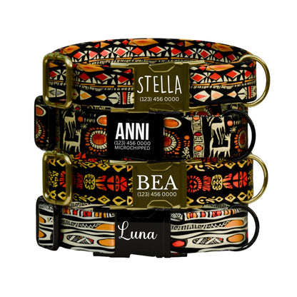 Personalized Tribal Boho Dog Collar  African-Inspired Geometric Print Custom Name Metal Buckle (OG-372)