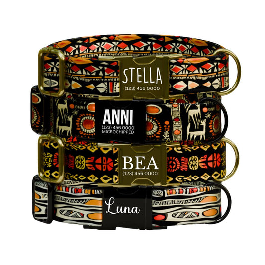 Personalized Tribal Boho Dog Collar  African-Inspired Geometric Print Custom Name Metal Buckle (OG-372)