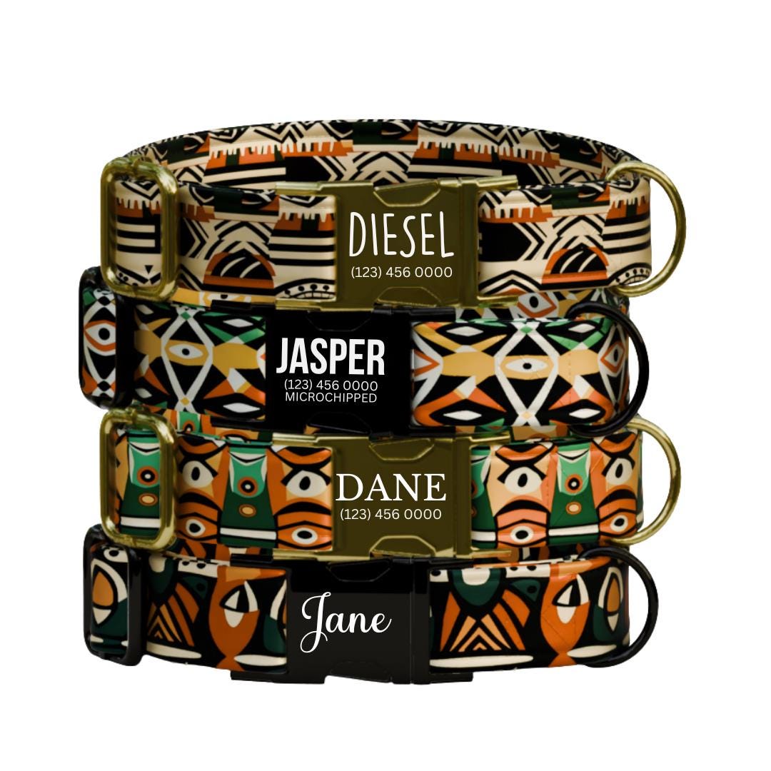 Tribal Chic Personalized Dog Collar Bold Geometric Prints Custom Name Metal Buckle (OG-374)