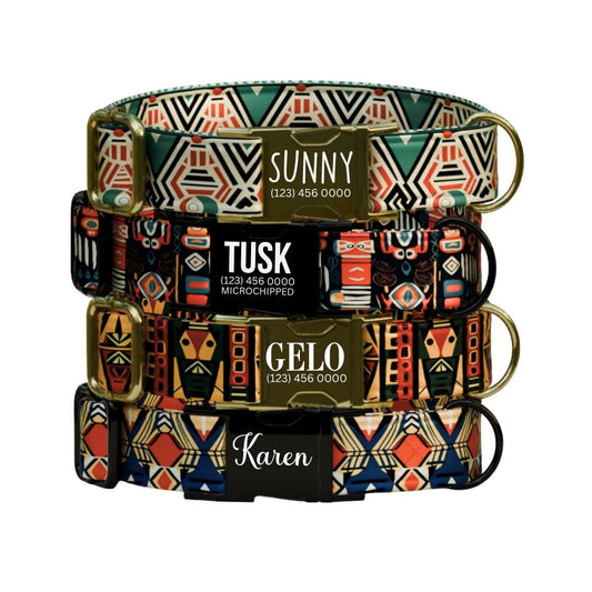 Tribal Boho Personalized Dog Collar  Bold Geometric Print Custom Name Metal Buckle (OG-375)