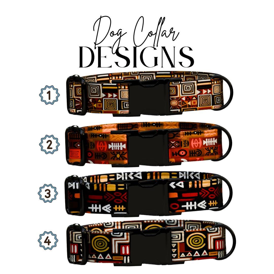 Tribal Boho Personalized Dog Collar  Earthy Geometric Prints Custom Name Metal Buckle (OG-376)