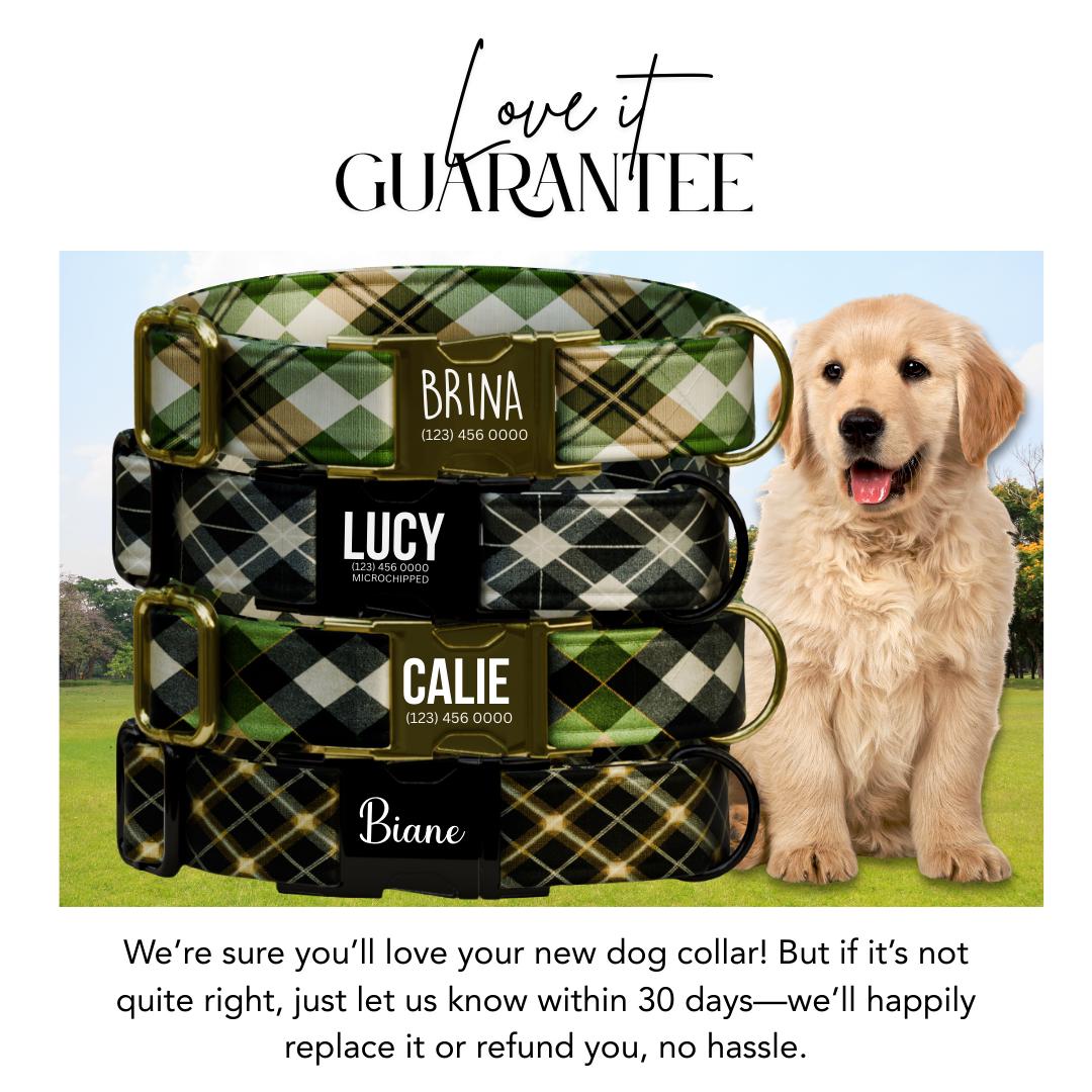 Personalized Forest Plaid Dog Collar  Green & Black Argyle Style Custom Metal Buckle (OG-380)