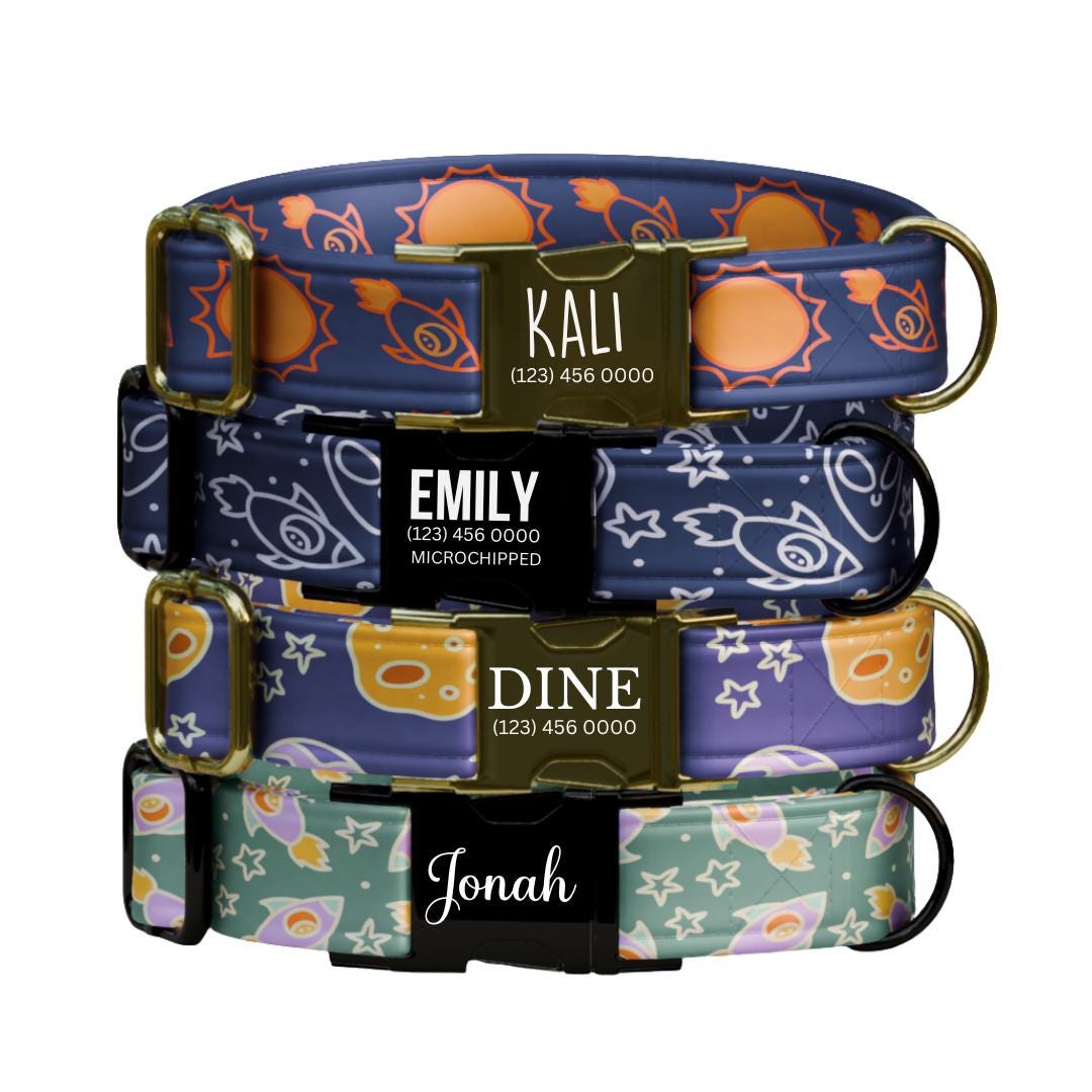 Personalized Space Paws Dog Collar  Cosmic Rockets, Stars & Planets Custom Metal Buckle (OG-381)