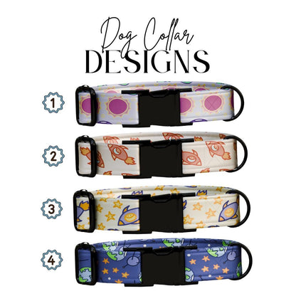 Personalized Space Cuties Dog Collar  Cute Planets, Rockets & Stars Custom Metal Buckle (OG-382)