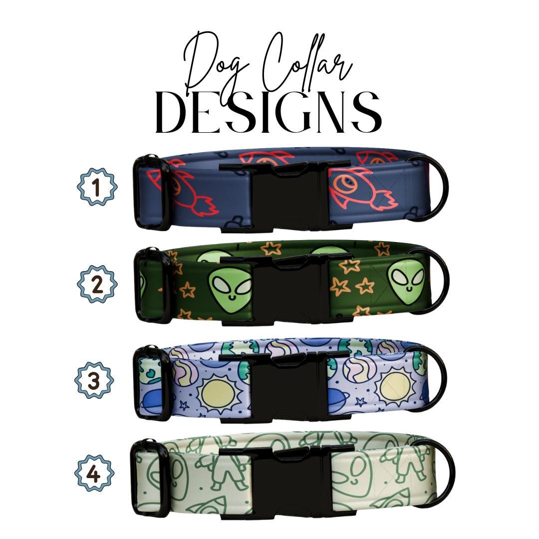 Personalized Cosmic Adventure Dog Collar  Rockets, Aliens & Space Fun Custom Metal Buckle (OG-383)
