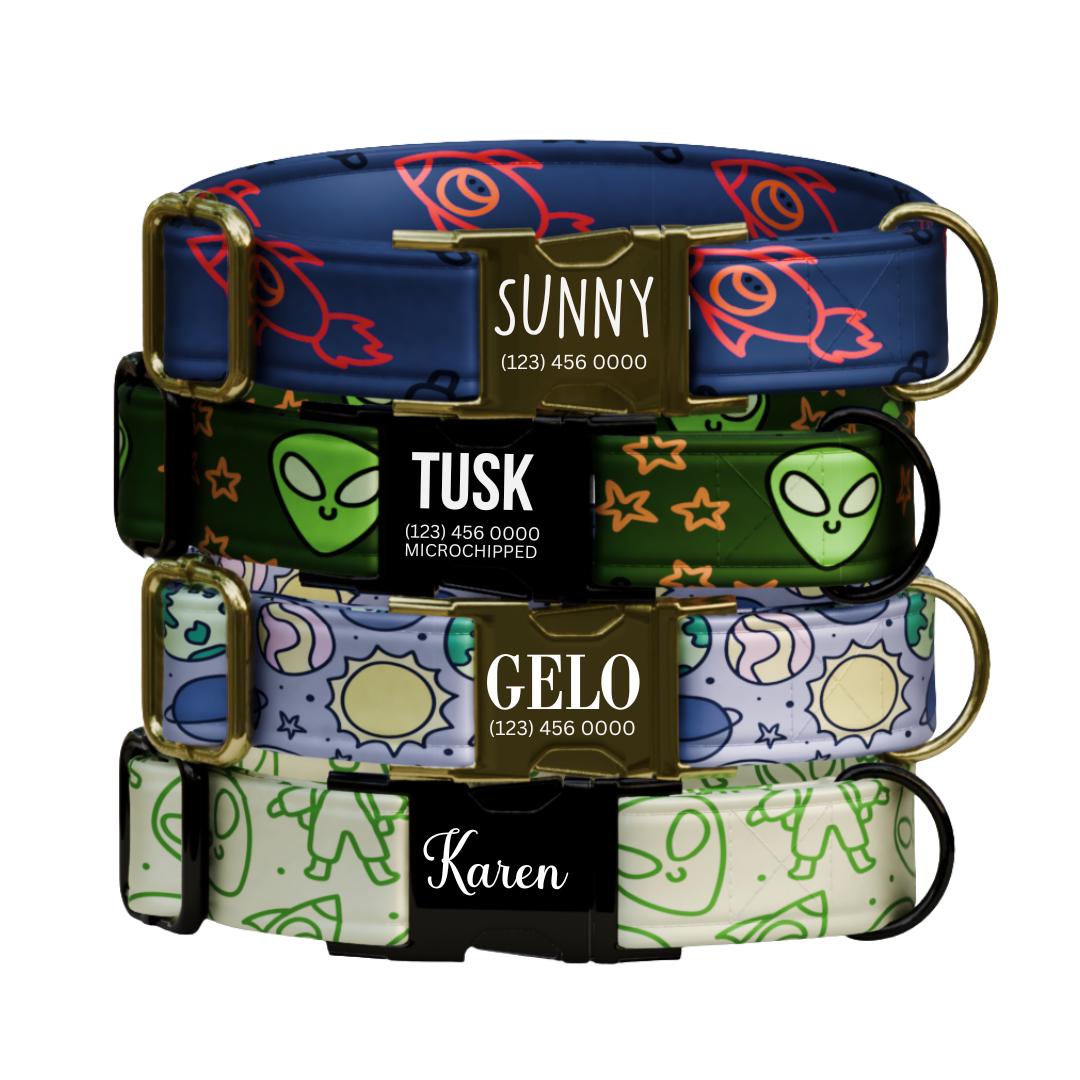 Personalized Cosmic Adventure Dog Collar  Rockets, Aliens & Space Fun Custom Metal Buckle (OG-383)