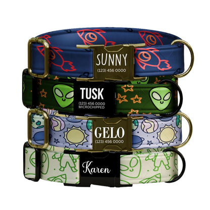 Personalized Cosmic Adventure Dog Collar  Rockets, Aliens & Space Fun Custom Metal Buckle (OG-383)