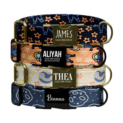Personalized Space Pup Dog Collar Astronaut & Starry Galaxy Designs Custom Metal Buckle (OG-385)