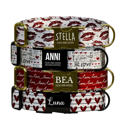 Personalized Valentines Day Dog Collar Love & Kiss Prints Sweet Stylish Pup Accessory Custom Metal Buckle (OG-388)