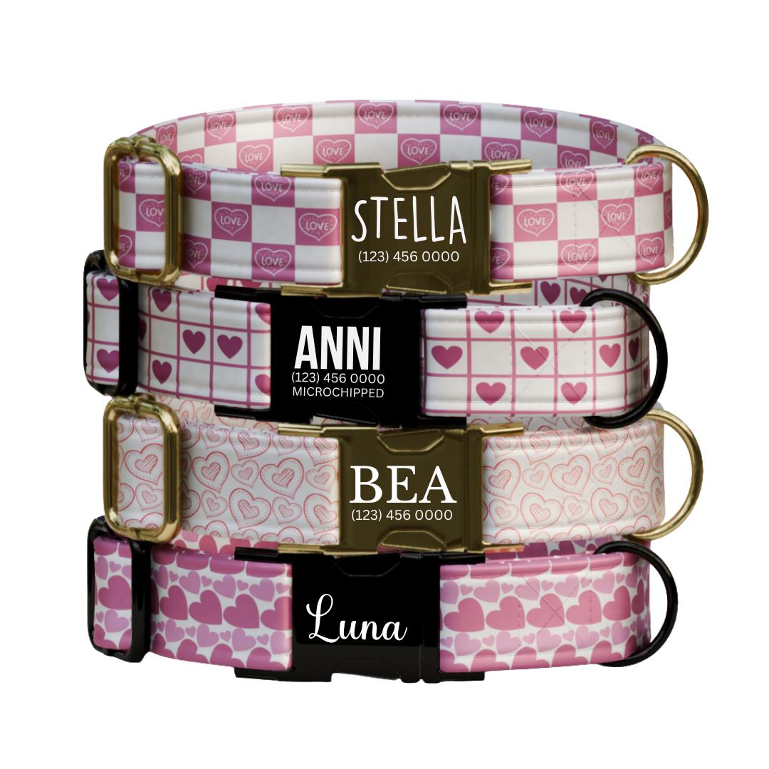 Valentines Love Pup Collar Personalized Heart Dog Collar Pink Valentine Designs Custom Metal Buckle (OG-389)